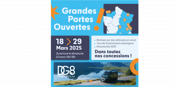 visuel Portes ouvertes dans les concessions DG8-Camping-Car du 18 au 29 Mars 2025